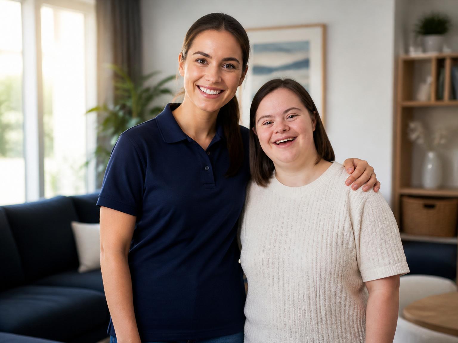 Smiling support professional and client in a comfortable home setting